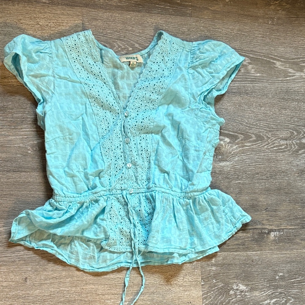 Sky Blue Eyelet Blouse with Ruffle Hem